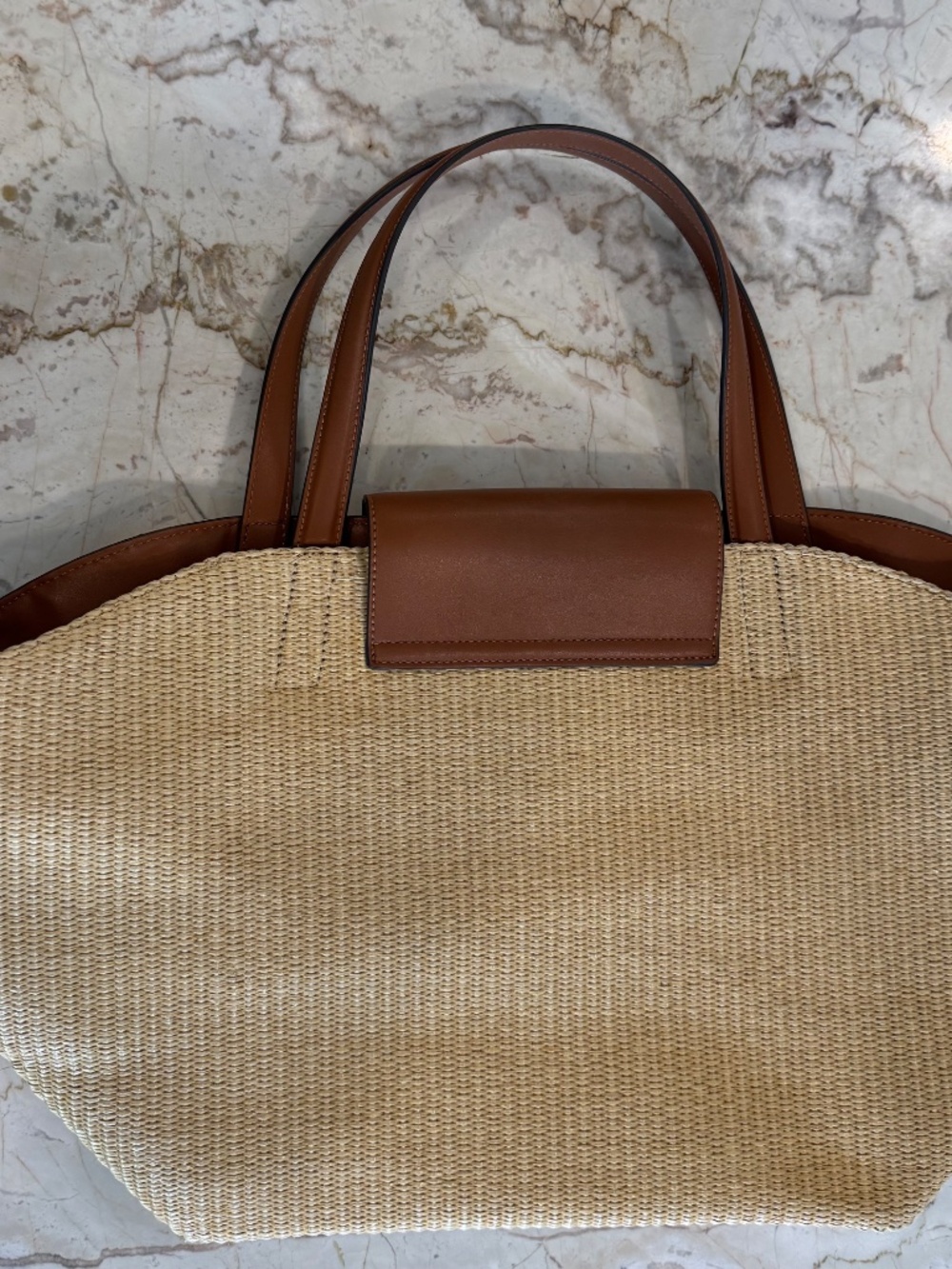 Tuckernuck Raffia Blaine Tote. Straw colored raffia w/ camel cow leather trim - Picture 7 of 9